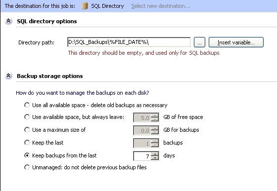 SQL job destination path