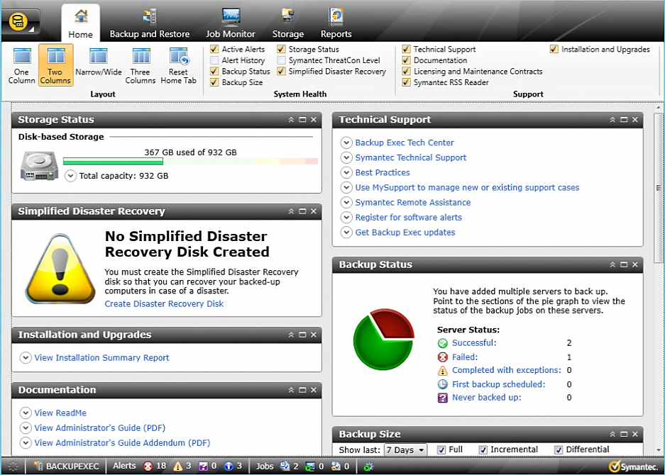 Backup Exec user interface